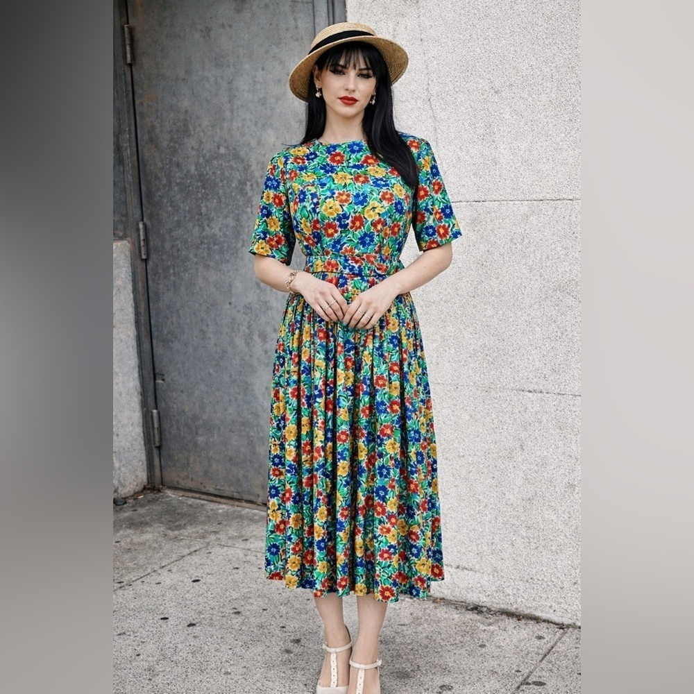 Vintage TALBOTS Floral Belted pleated skirt midi Dress Secretary Retro boho 10